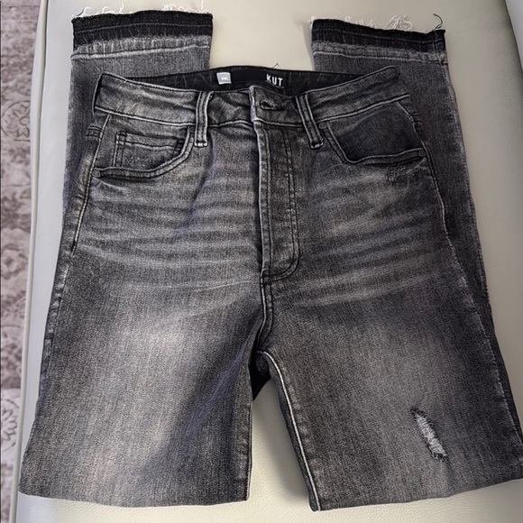 Kut from the Kloth Black Straight Leg Jeans with Distressed Details - Picture 1 of 6